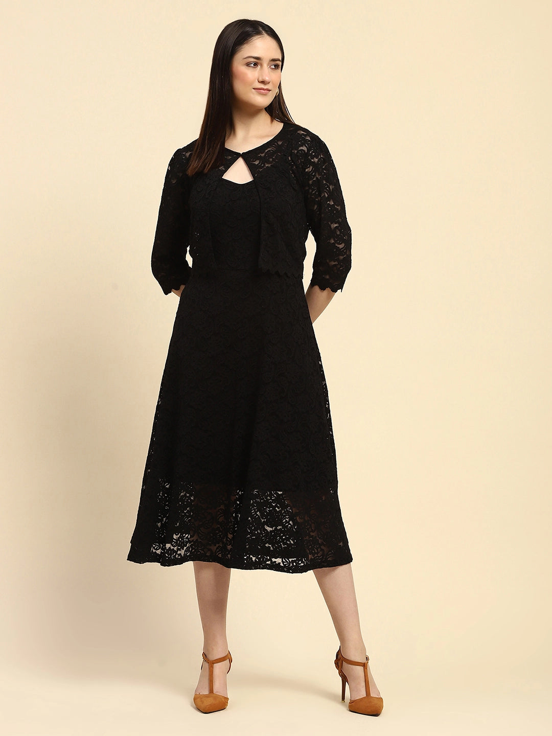 Black Floral Lace Fit & Flare Dress - Global Republic