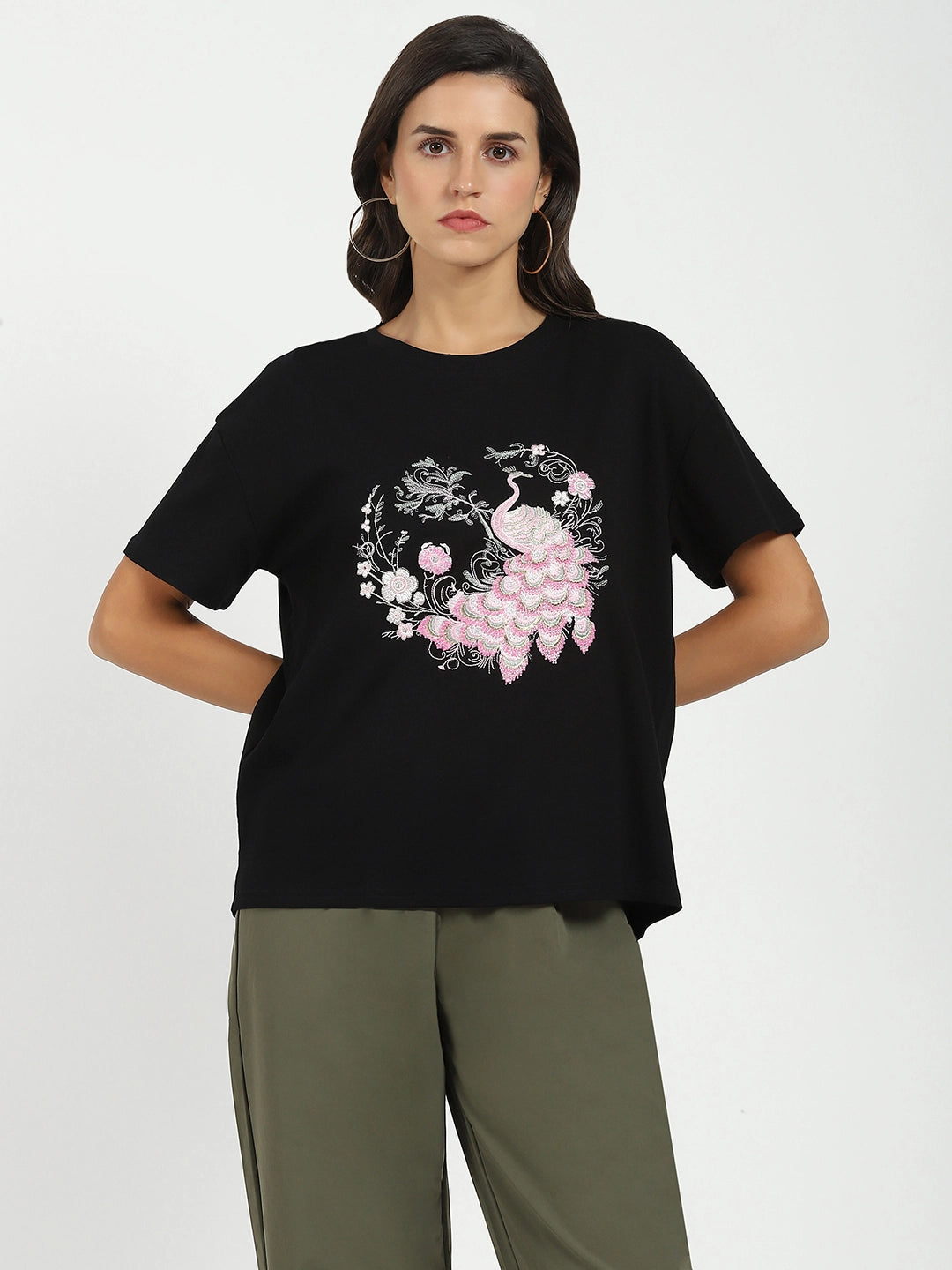 Black Embroidered Loose Fit Top - Global Republic