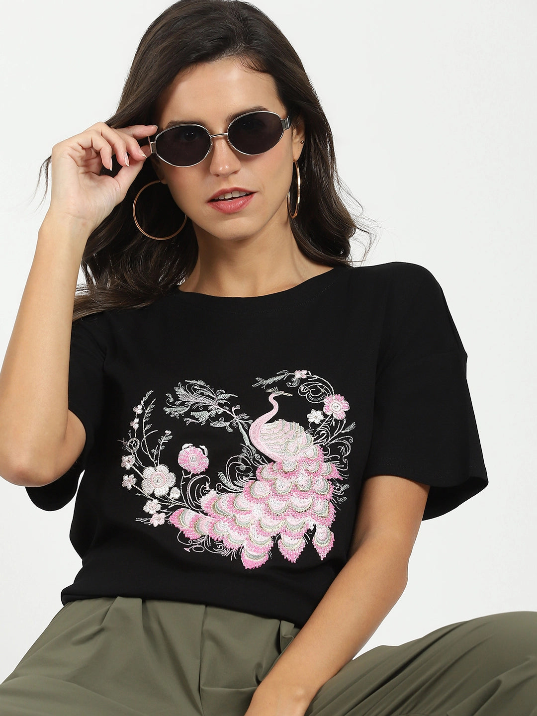 Black Embroidered Loose Fit Top - Global Republic