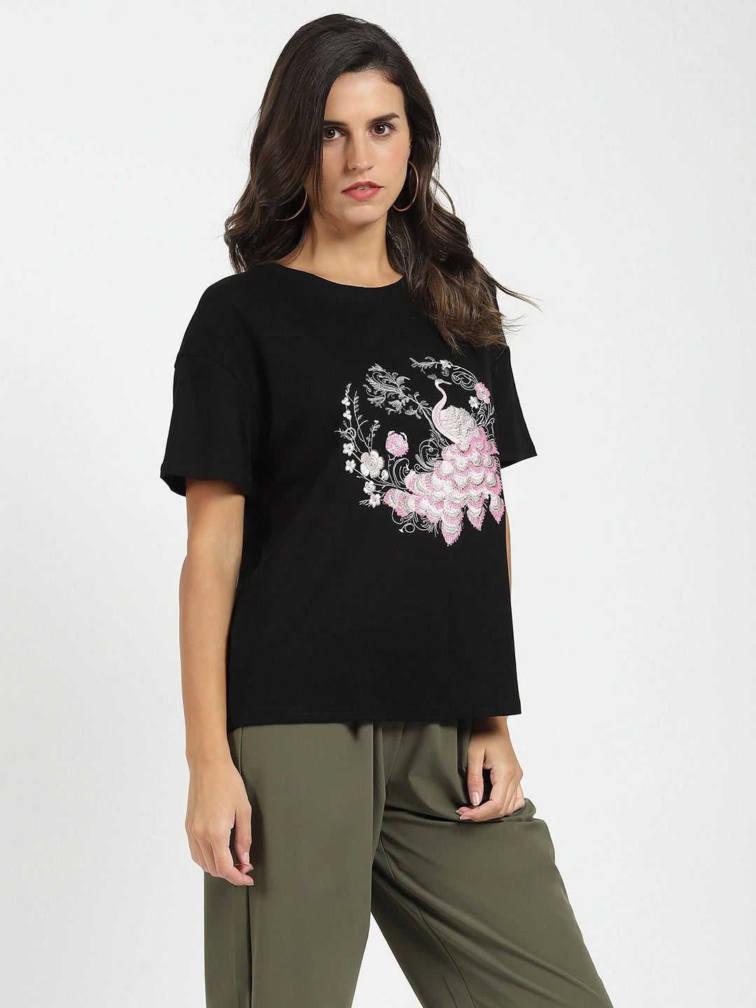 Black Embroidered Loose Fit Top - Global Republic