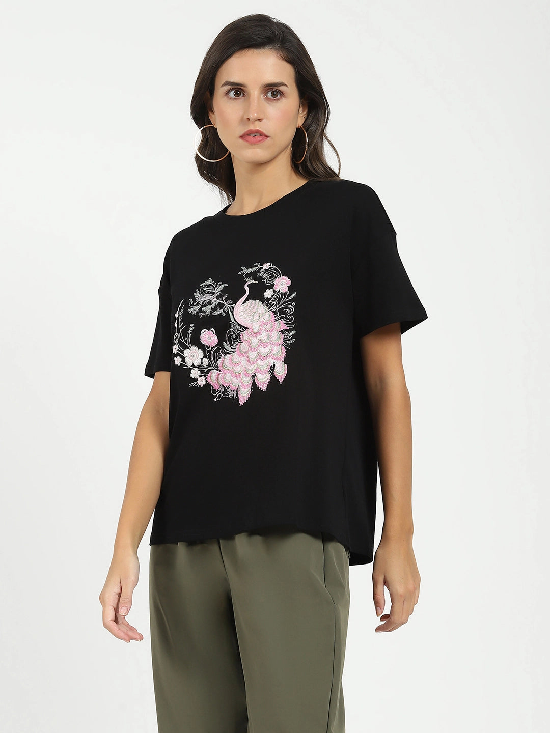 Black Embroidered Loose Fit Top - Global Republic
