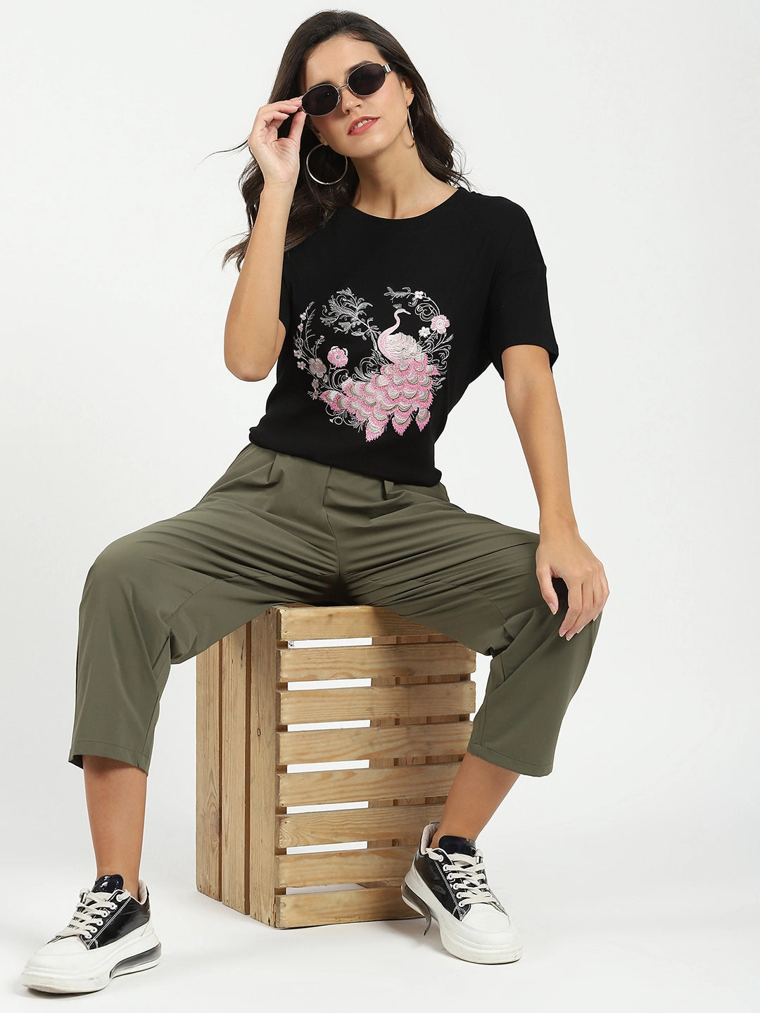 Black Embroidered Loose Fit Top - Global Republic