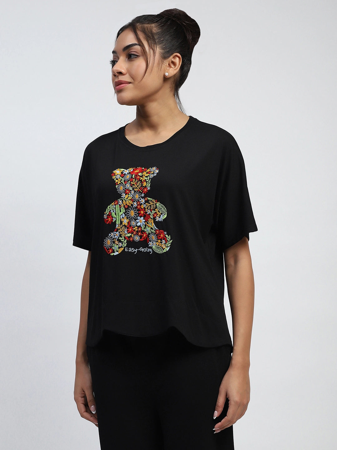 Black Embroidered Rayon Loungewear - Global Republic