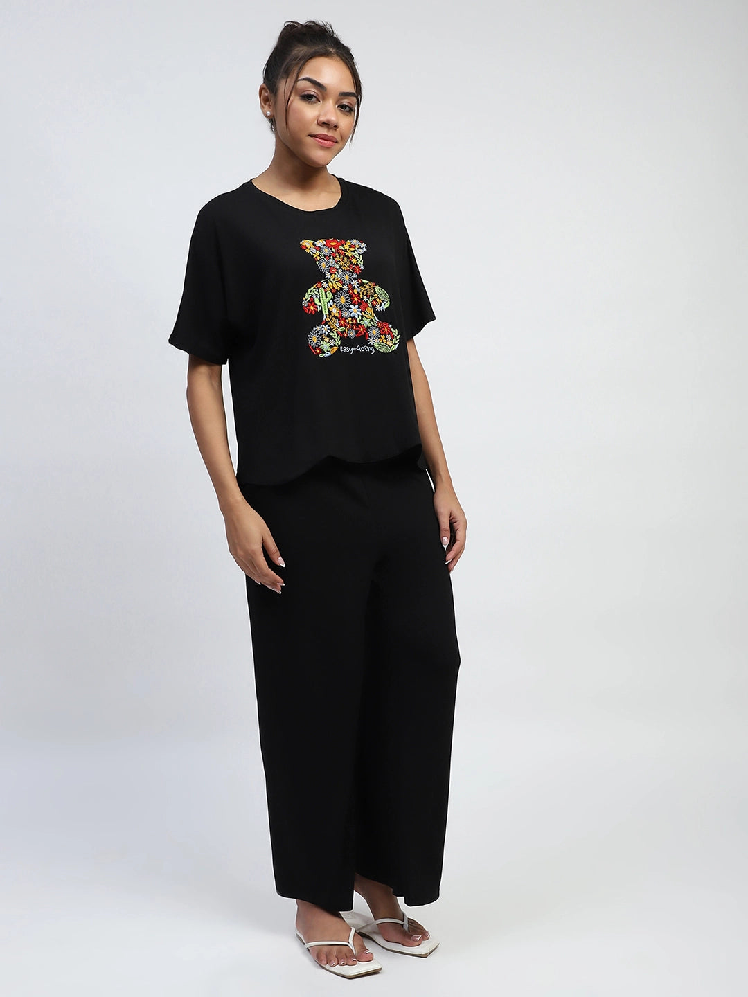 Black Embroidered Rayon Loungewear - Global Republic