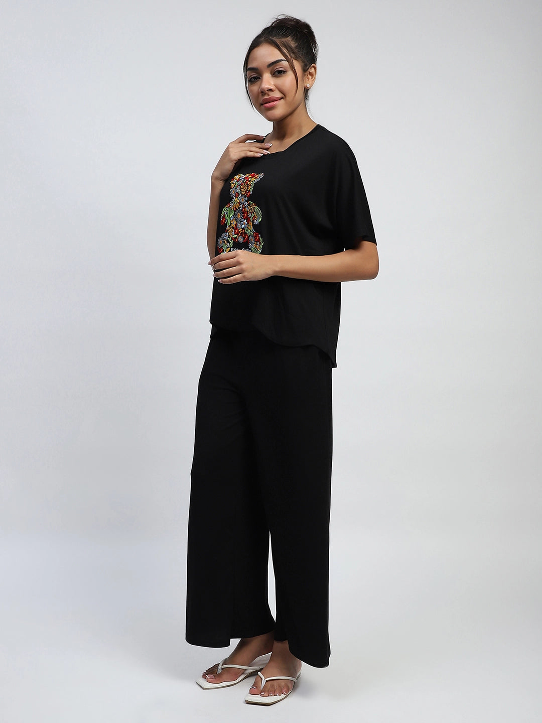 Black Embroidered Rayon Loungewear - Global Republic