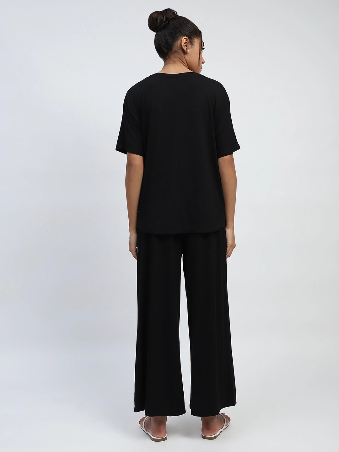 Black Embroidered Rayon Loungewear - Global Republic