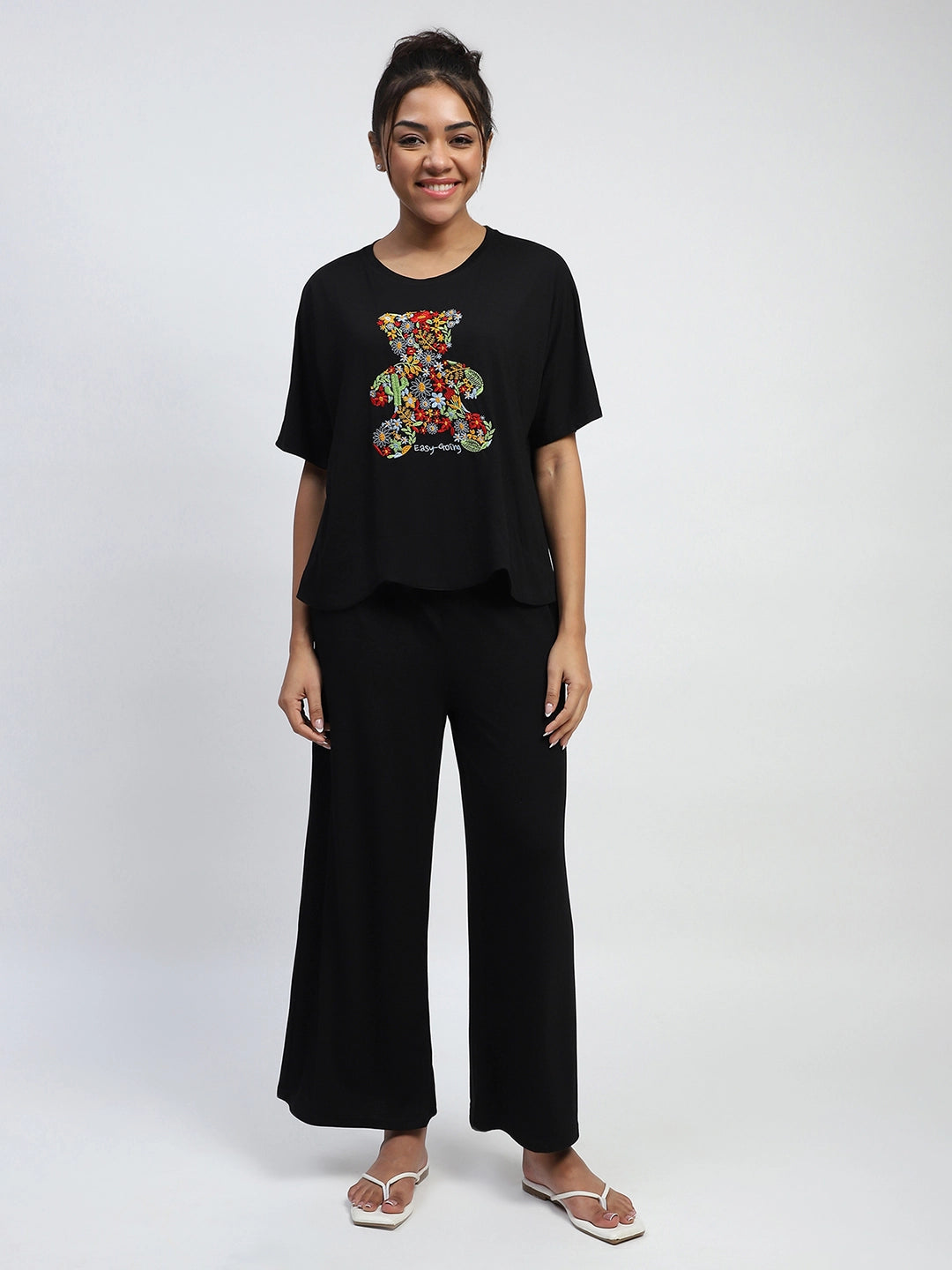 Black Embroidered Rayon Loungewear - Global Republic