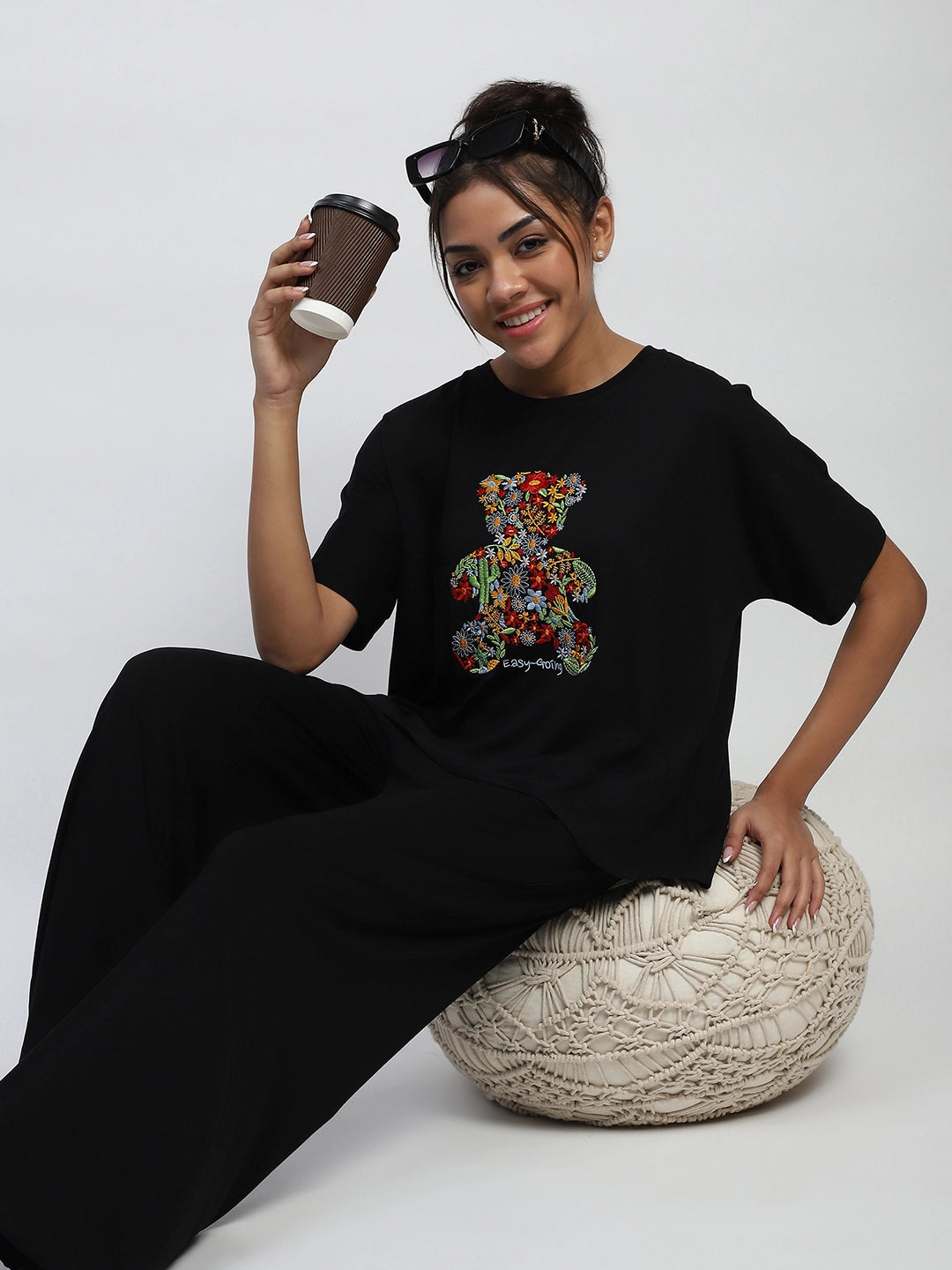 Black Embroidered Rayon Loungewear - Global Republic