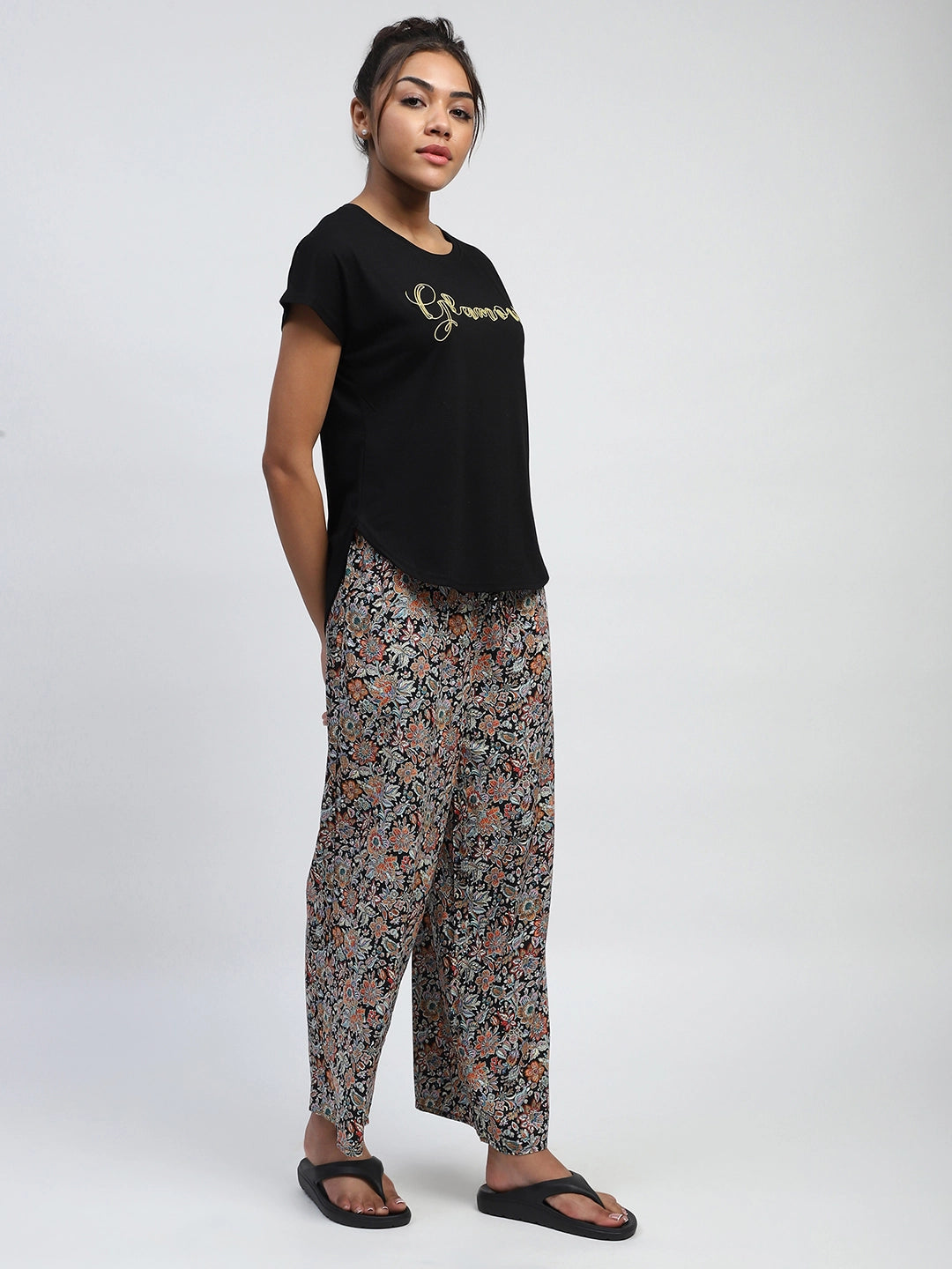 Black Floral Rayon Loungewear - Global Republic