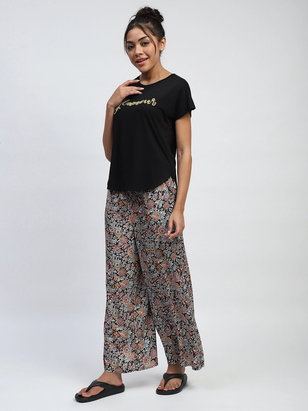 Black Floral Rayon Loungewear - Global Republic