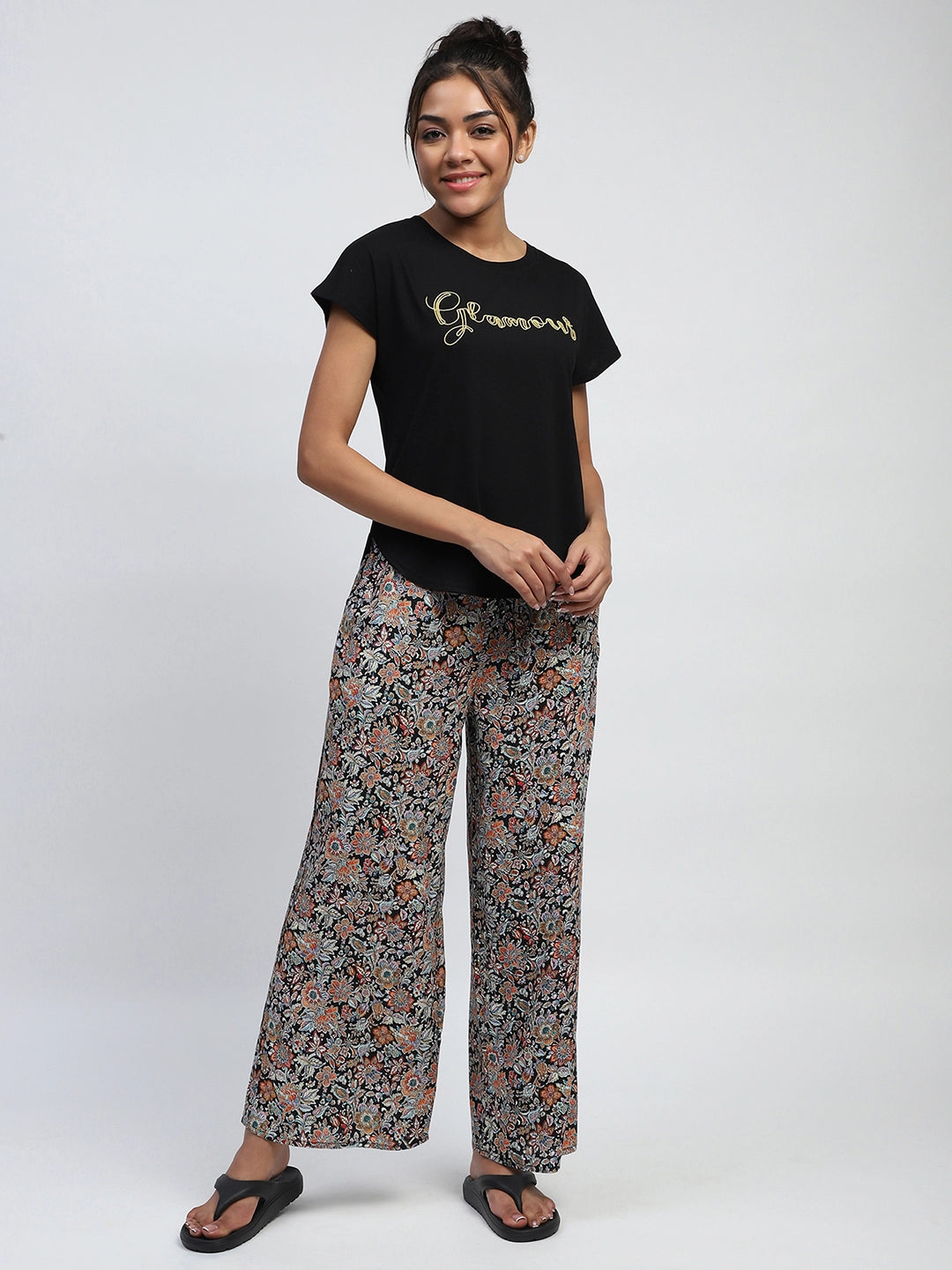 Black Floral Rayon Loungewear - Global Republic