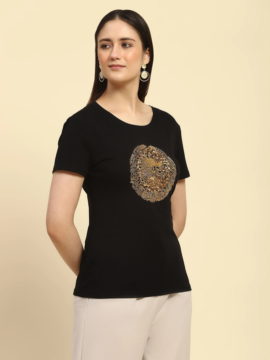 Black Embellished Cotton Top - Global Republic