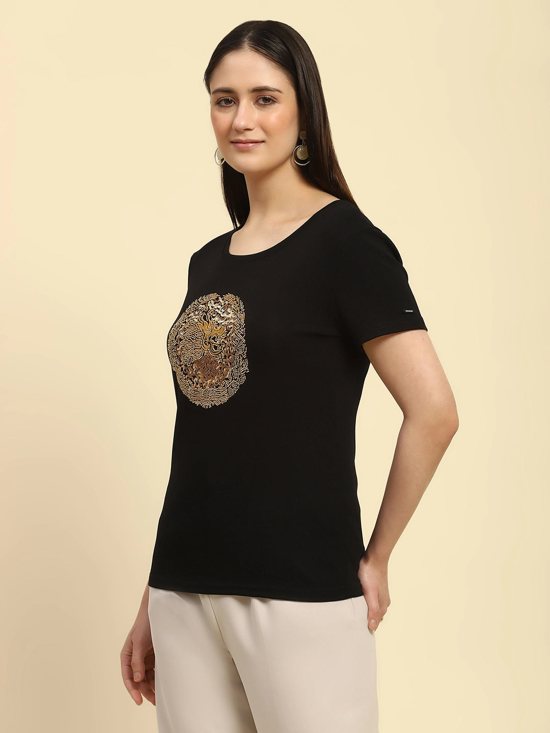 Black Embellished Cotton Top - Global Republic