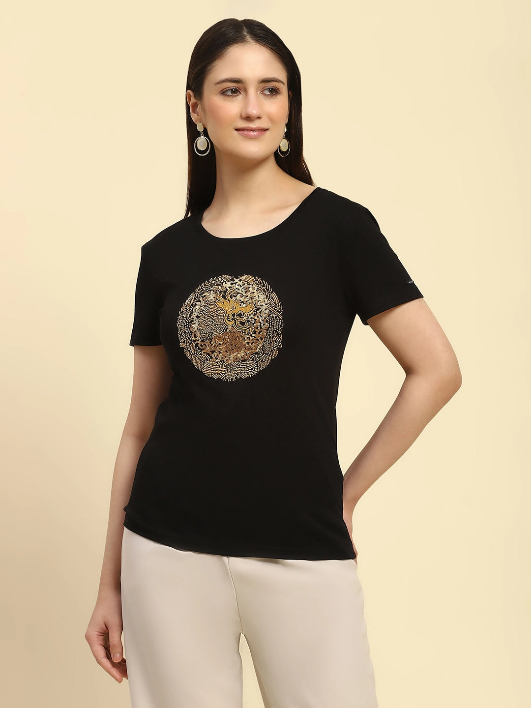 Black Embellished Cotton Top - Global Republic