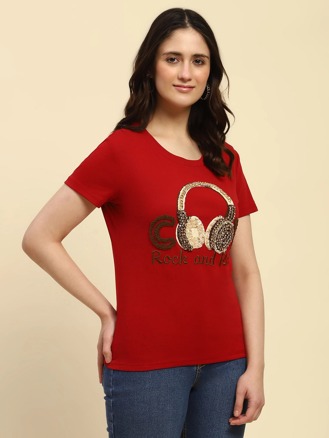 Red Quirky Embellished Cotton Top - Global Republic