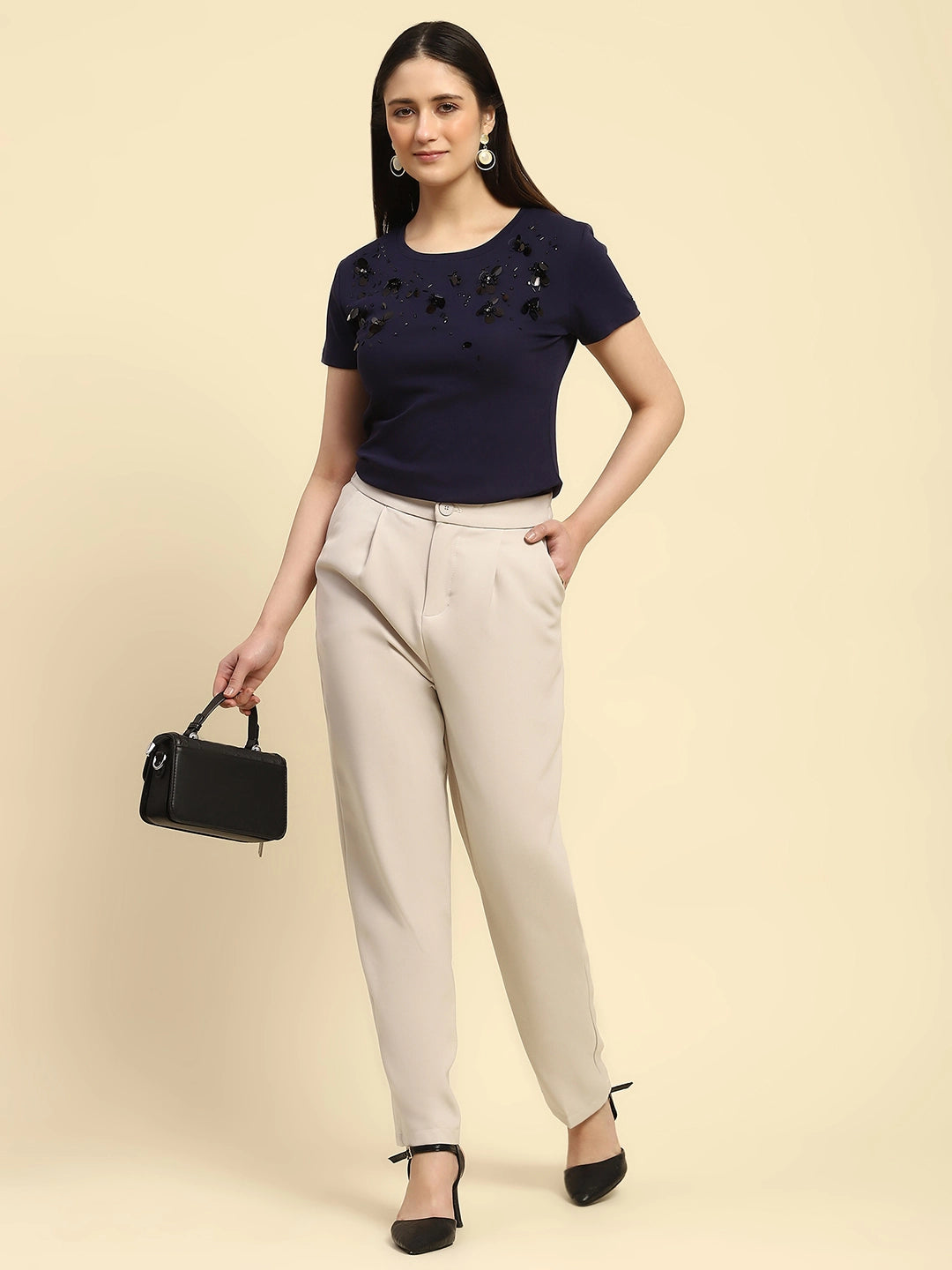 Navy Cotton Embroidered Top - Global Republic