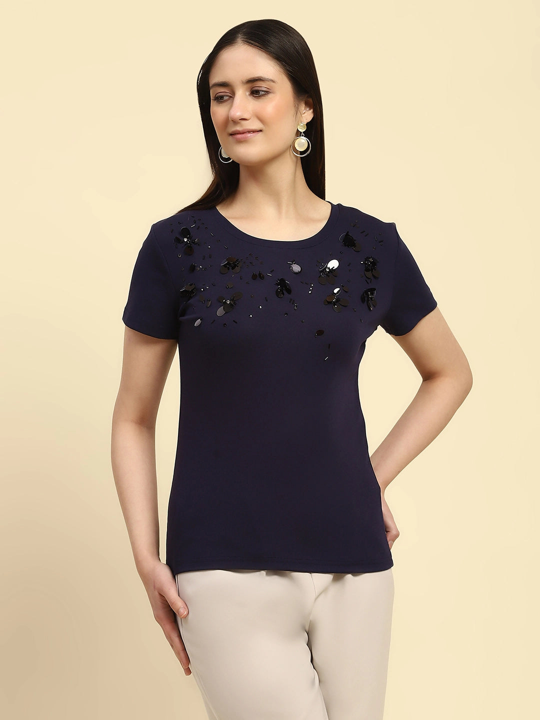 Navy Cotton Embroidered Top - Global Republic