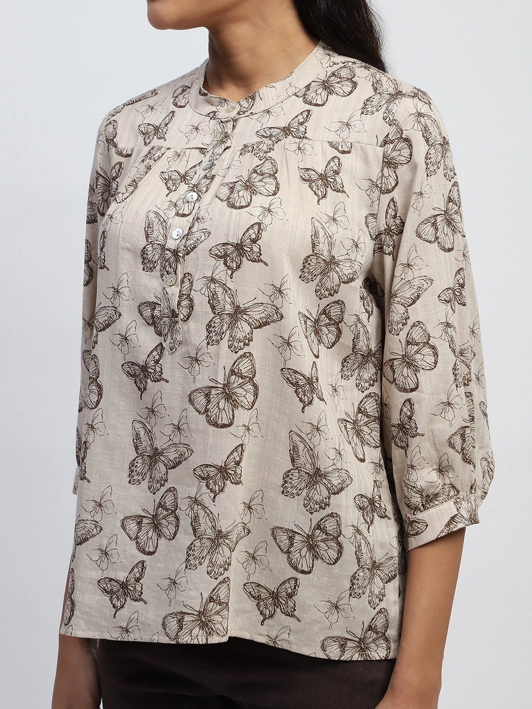 Beige Printed Cotton Blend Top - Global Republic