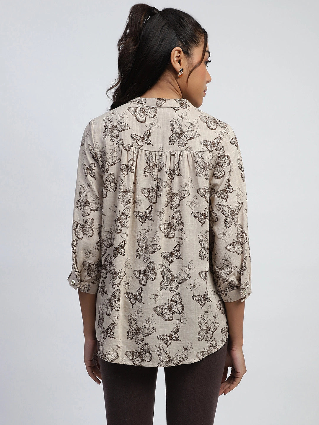 Beige Printed Cotton Blend Top - Global Republic
