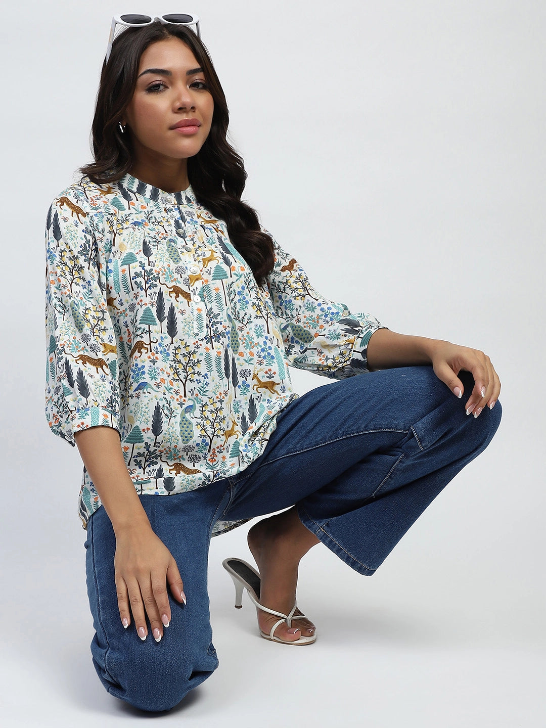 White Printed Cotton Blend Top - Global Republic