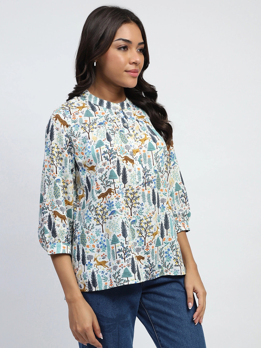 White Printed Cotton Blend Top - Global Republic
