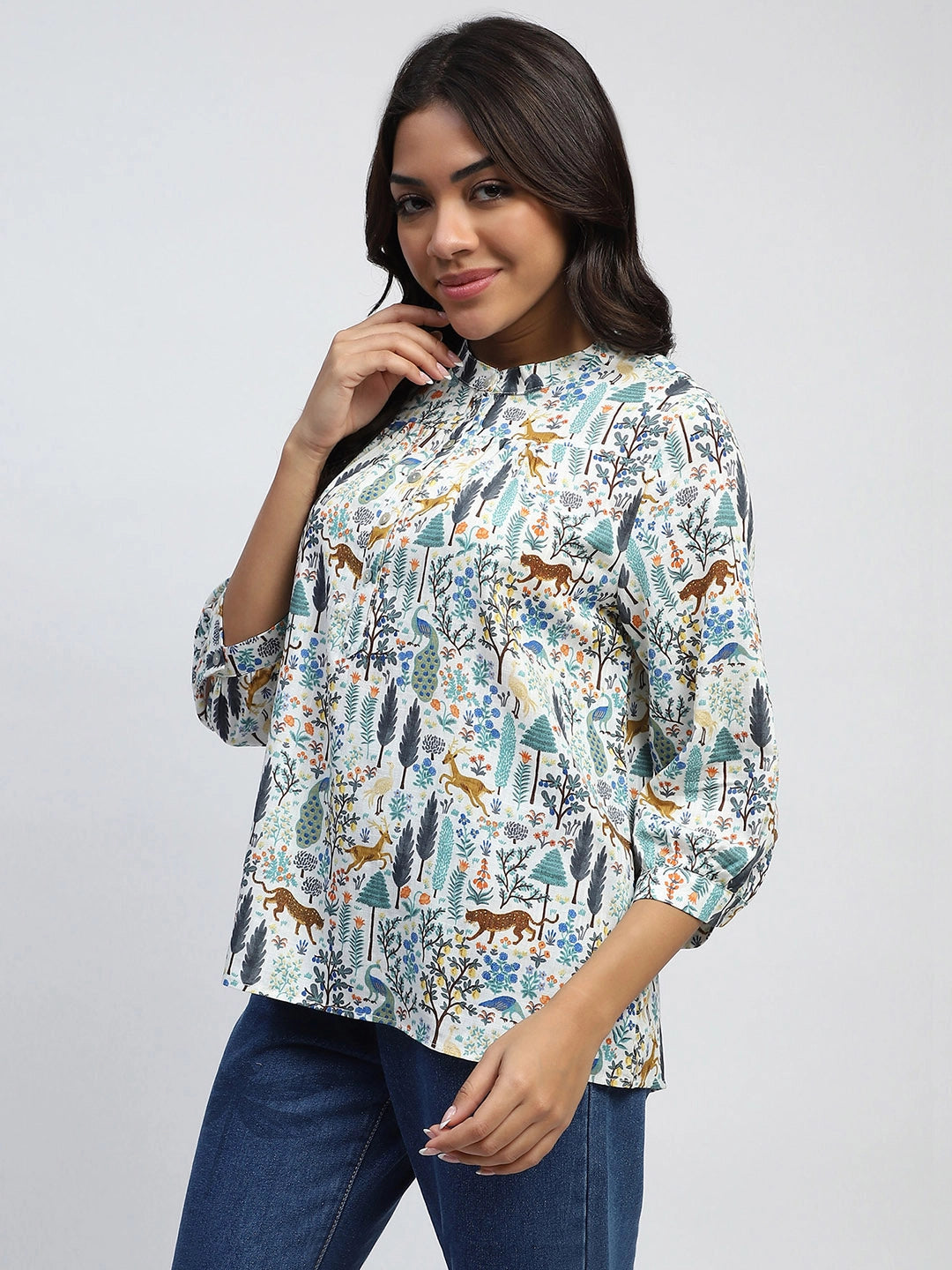 White Printed Cotton Blend Top - Global Republic