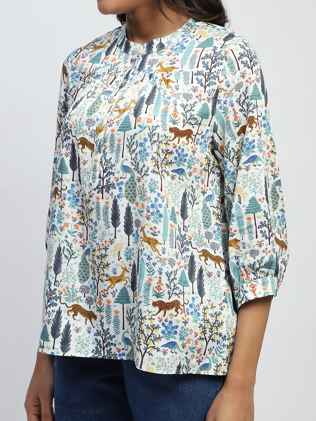 White Printed Cotton Blend Top - Global Republic