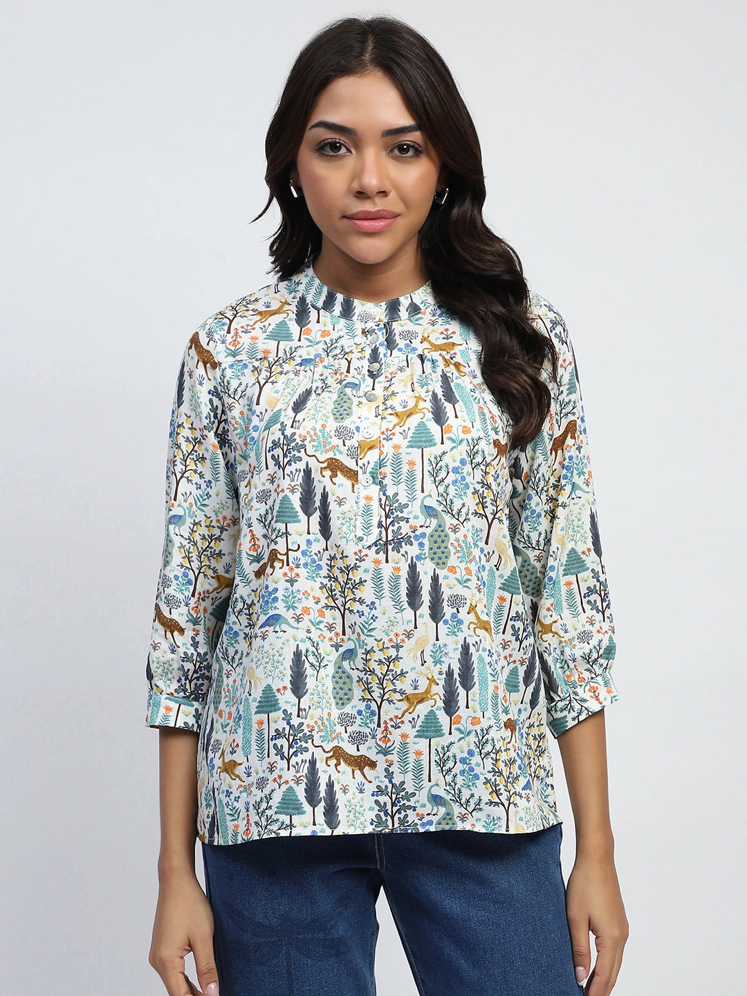 White Printed Cotton Blend Top - Global Republic