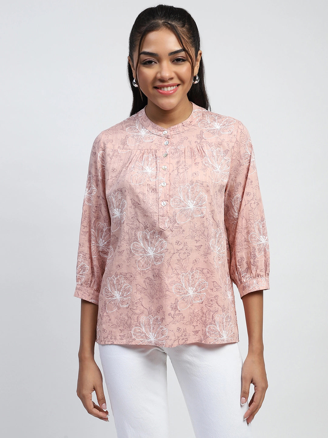 Pink Printed Cotton Blend Top - Global Republic