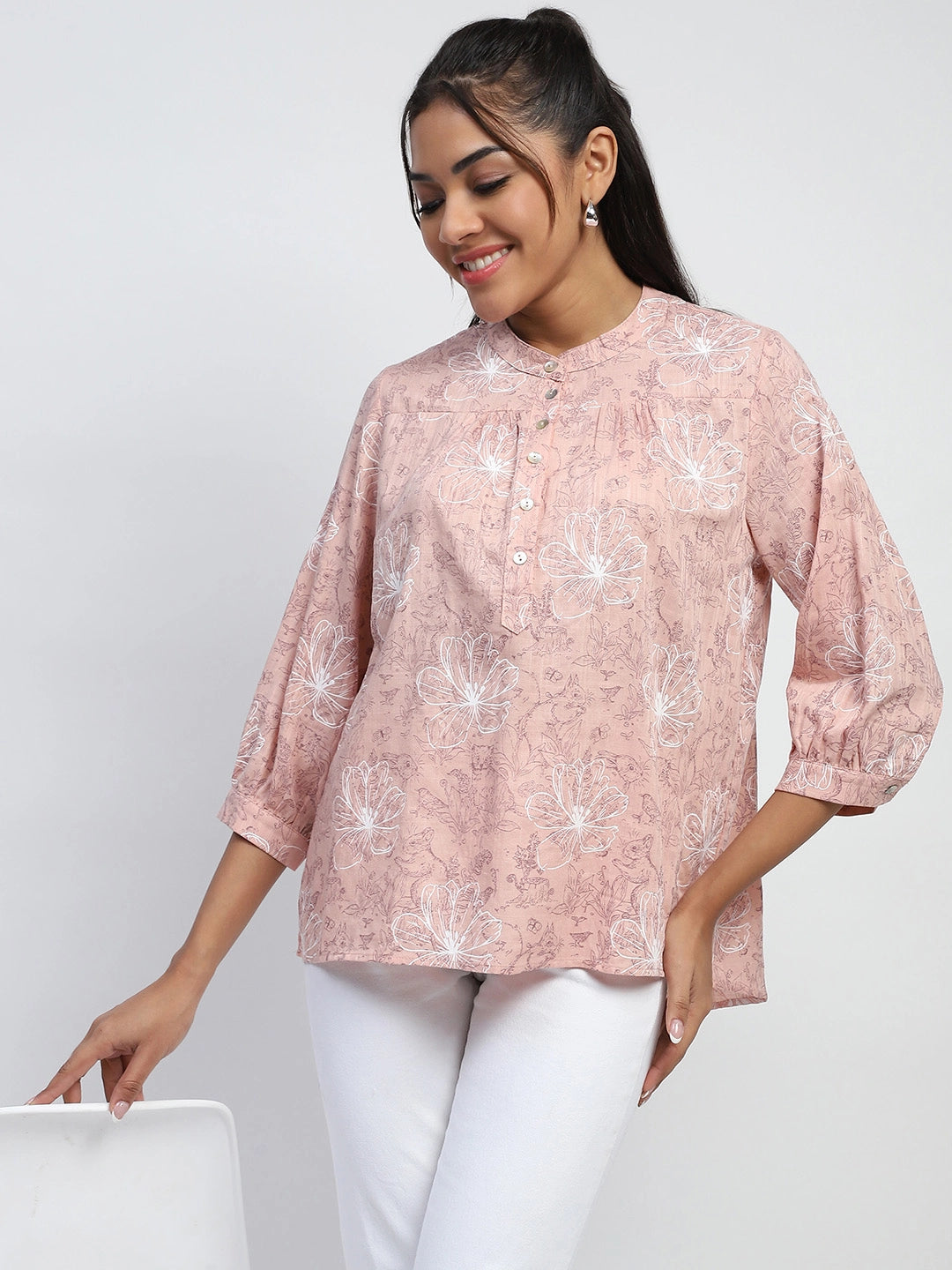 Pink Printed Cotton Blend Top - Global Republic