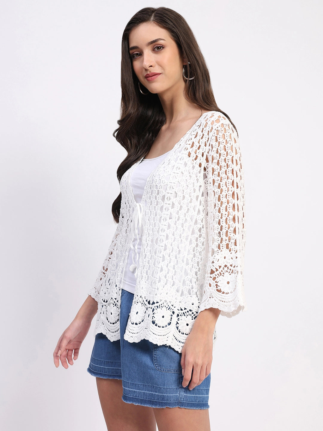 White Cotton Crochet Shrug - Global Republic