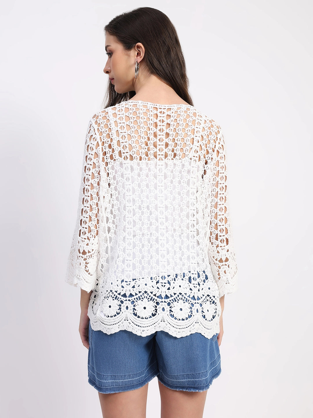 White Cotton Crochet Shrug - Global Republic