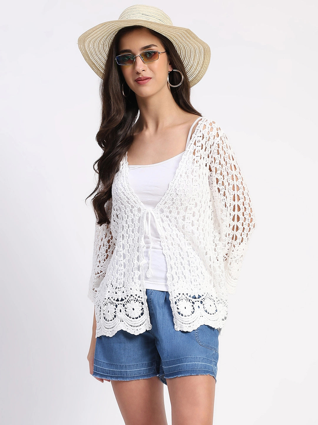 White Cotton Crochet Shrug - Global Republic