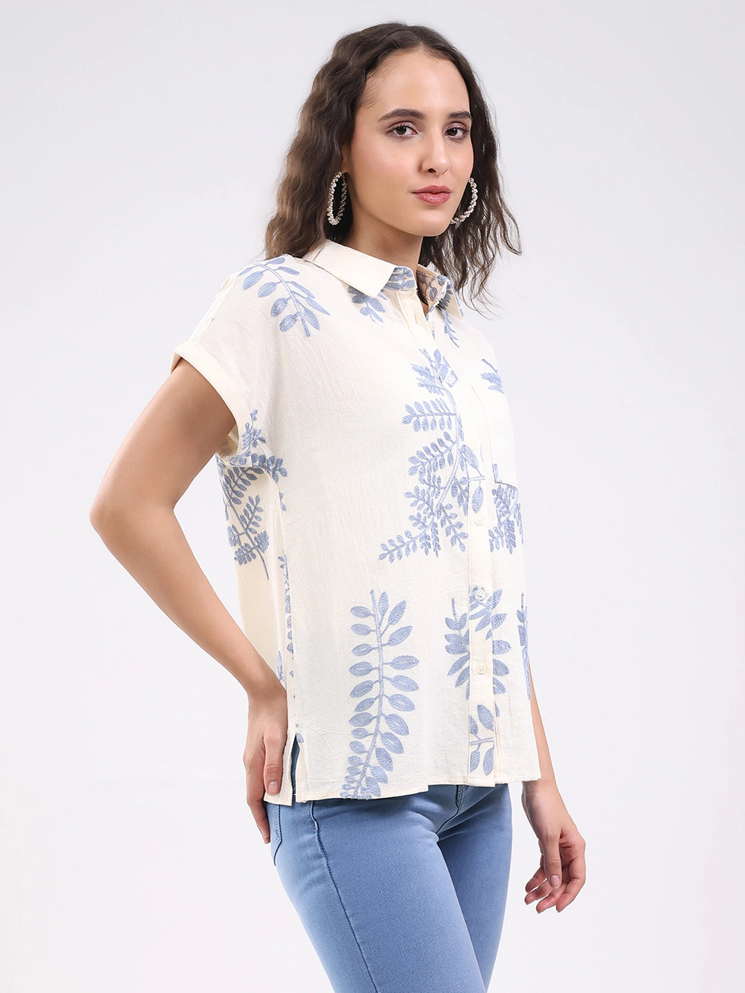 Beige Embroidered Boxy Shirt - Global Republic