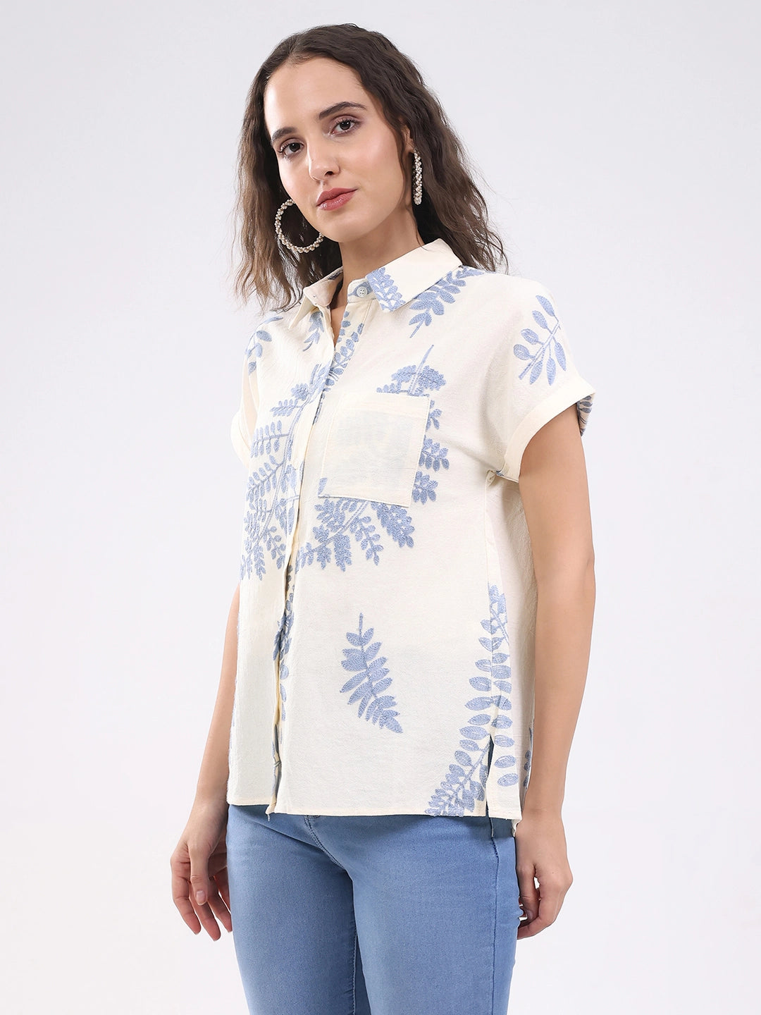 Beige Embroidered Boxy Shirt - Global Republic