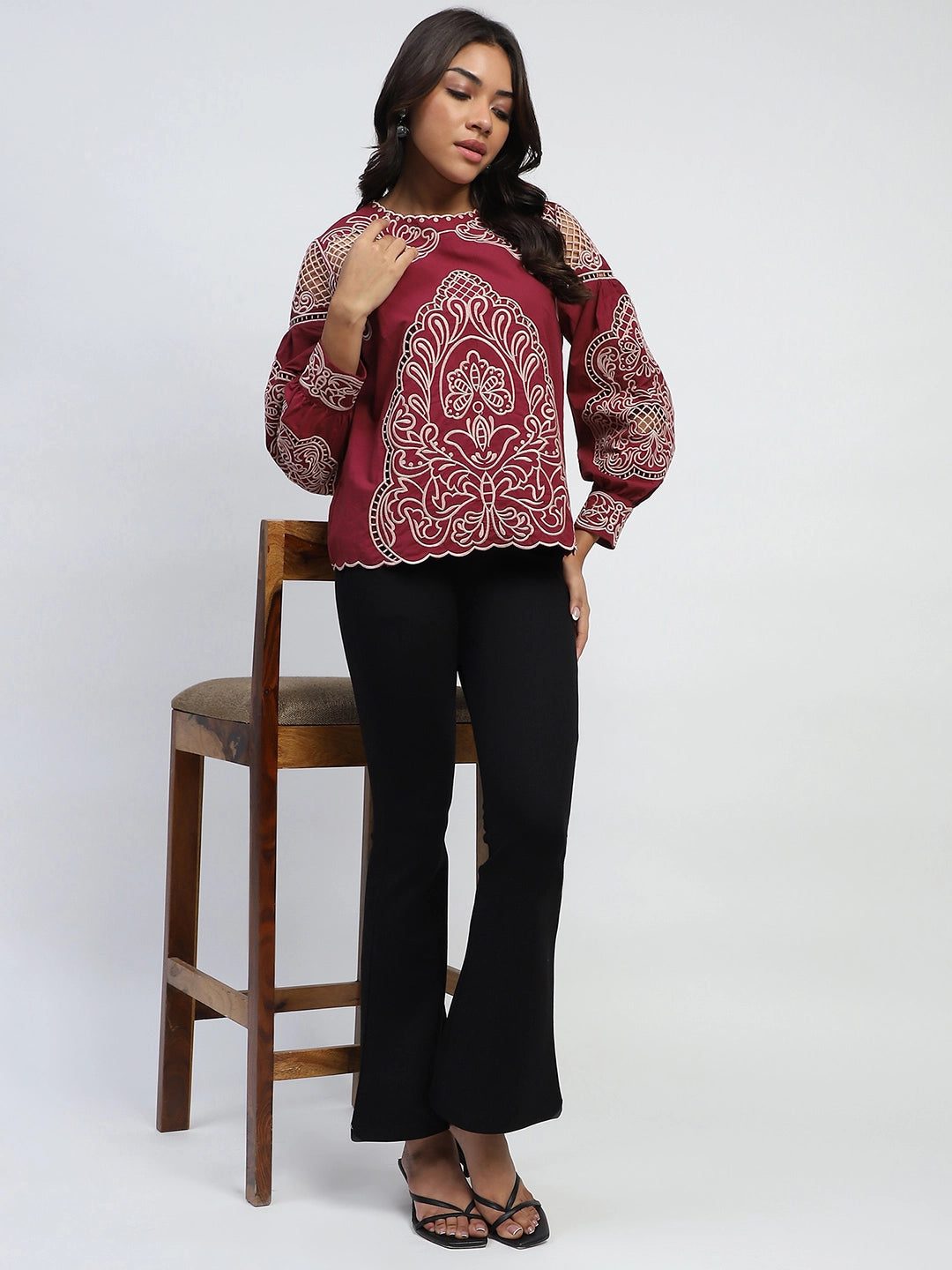 Wine Cut Work Embroidered Top - Global Republic