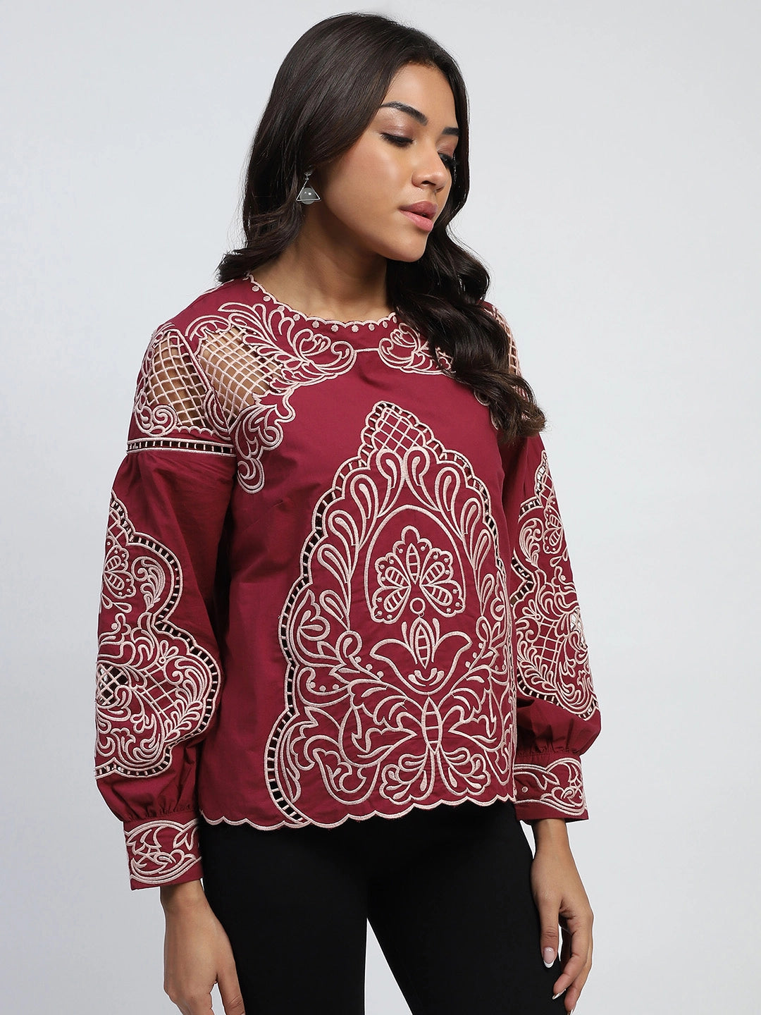 Wine Cut Work Embroidered Top - Global Republic