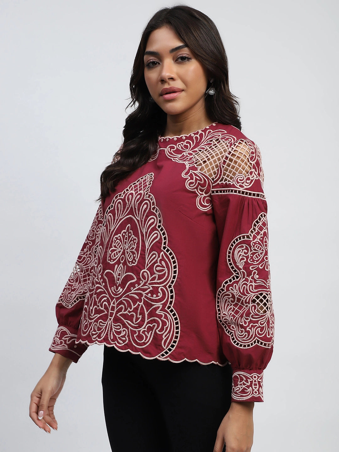 Wine Cut Work Embroidered Top - Global Republic