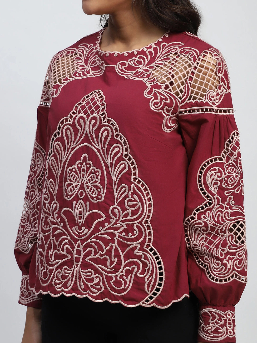 Wine Cut Work Embroidered Top - Global Republic