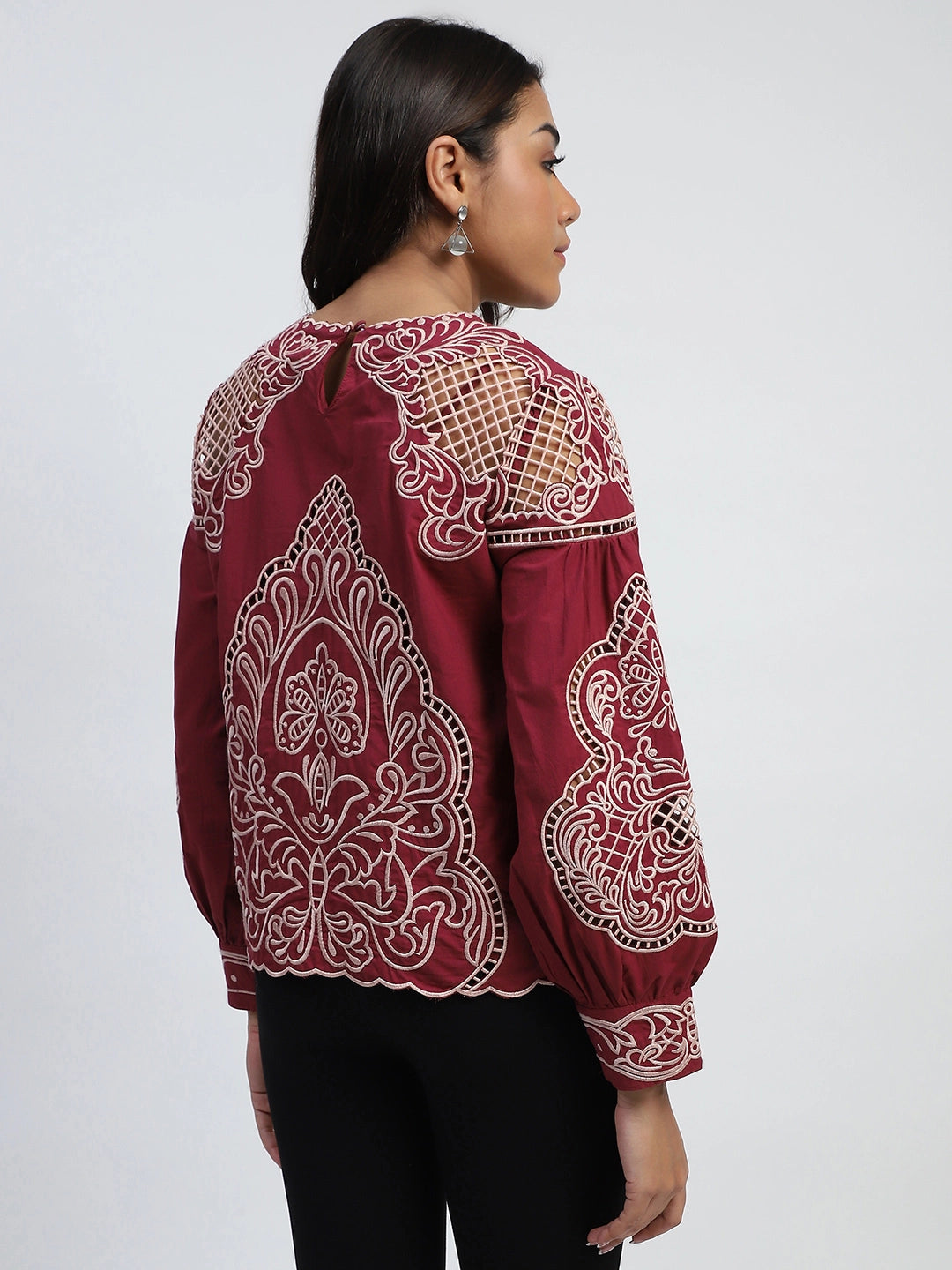 Wine Cut Work Embroidered Top - Global Republic