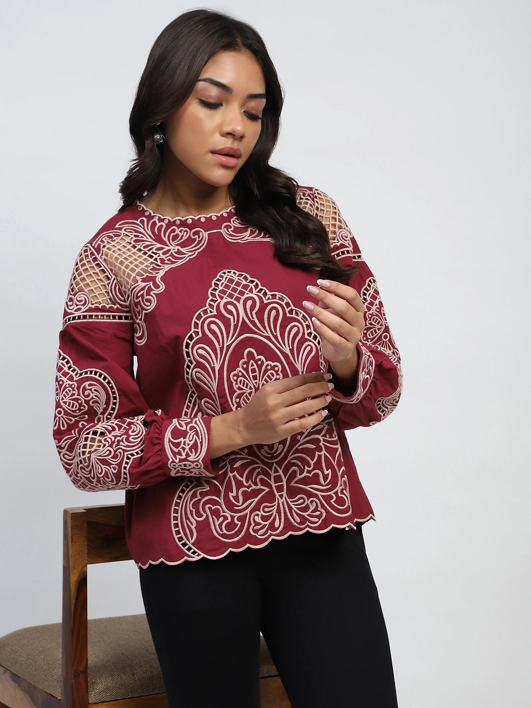 Wine Cut Work Embroidered Top - Global Republic