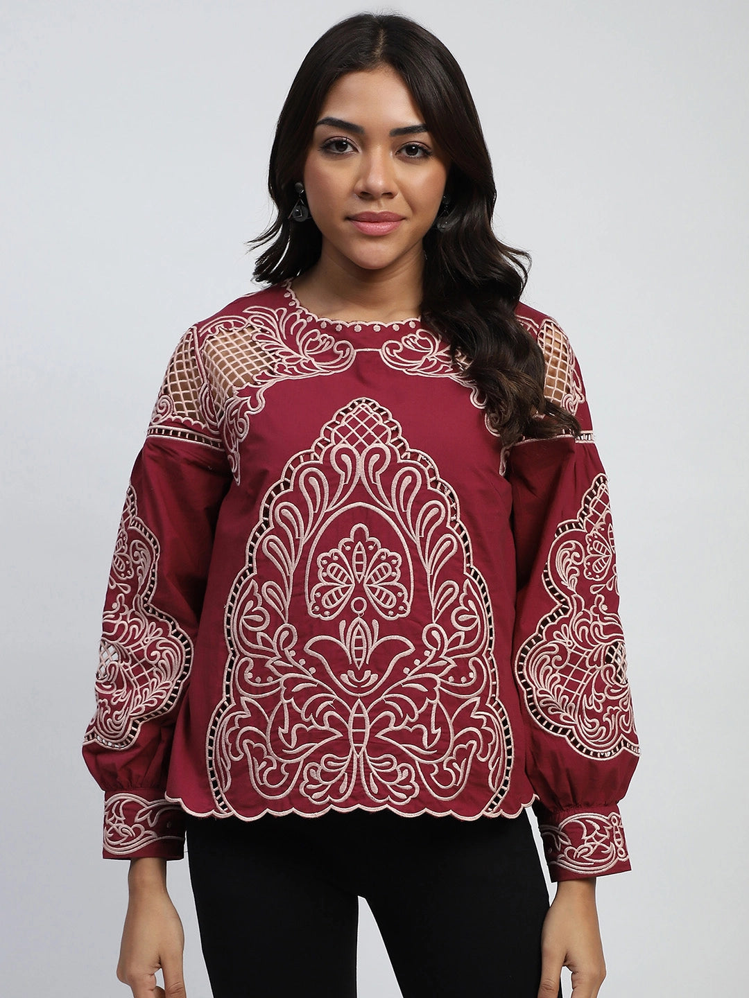 Wine Cut Work Embroidered Top - Global Republic