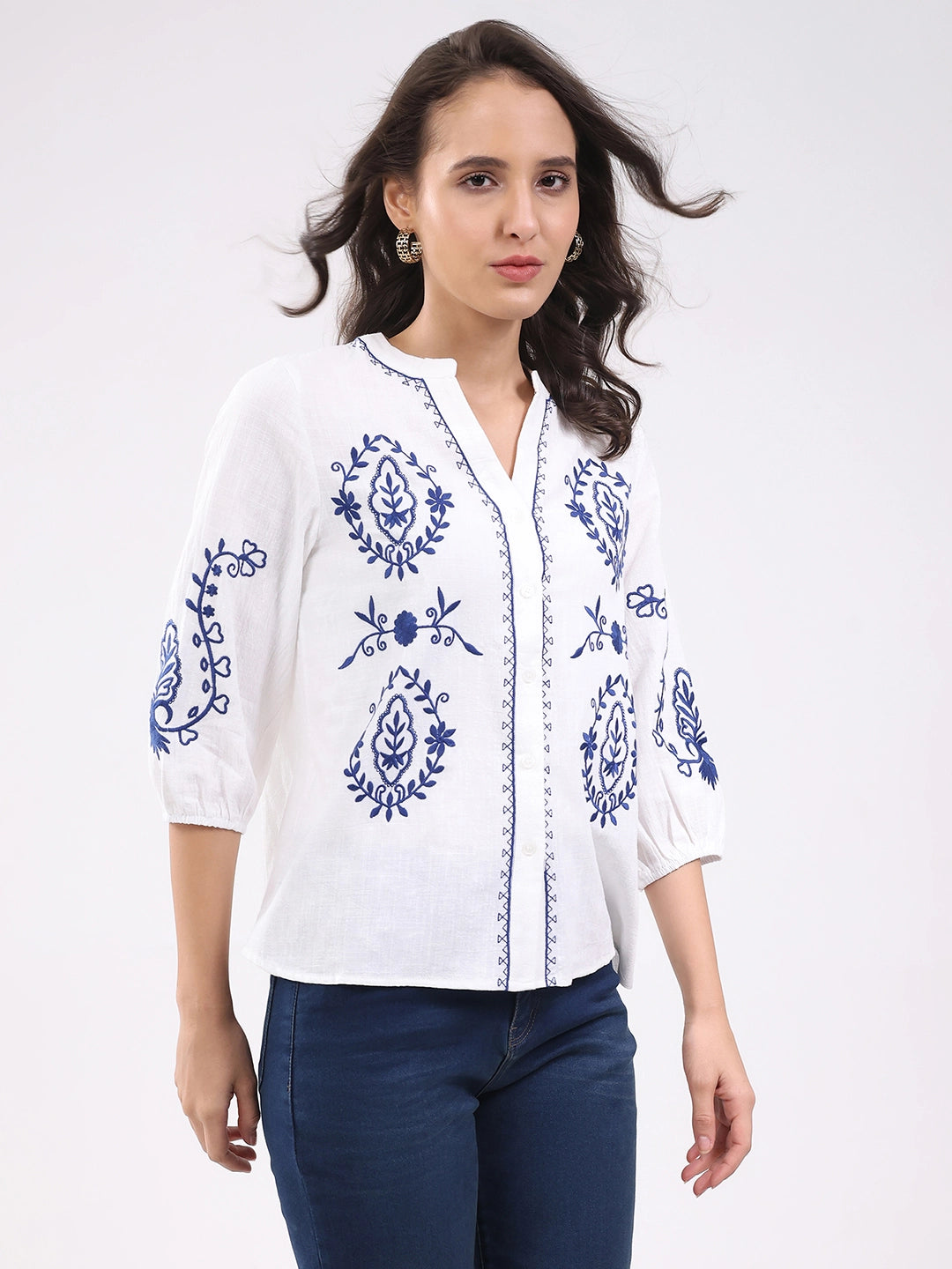 White & Navy Embroidered Shirt - Global Republic