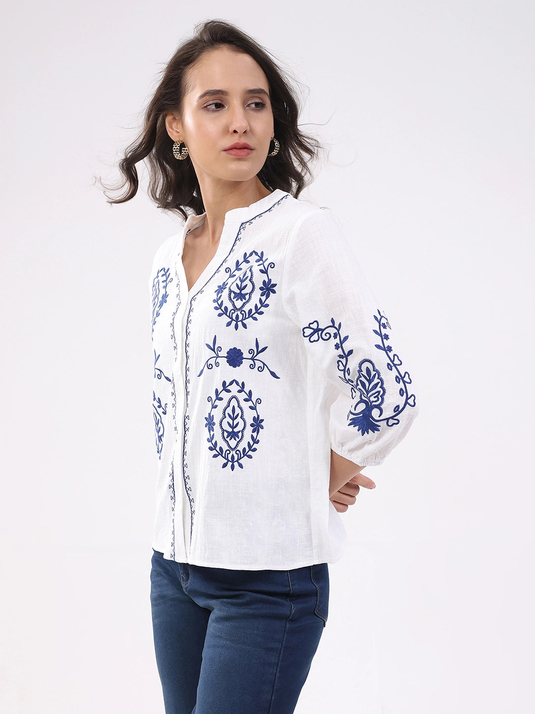 White & Navy Embroidered Shirt - Global Republic