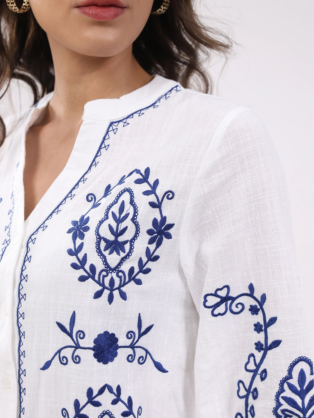 White & Navy Embroidered Shirt - Global Republic