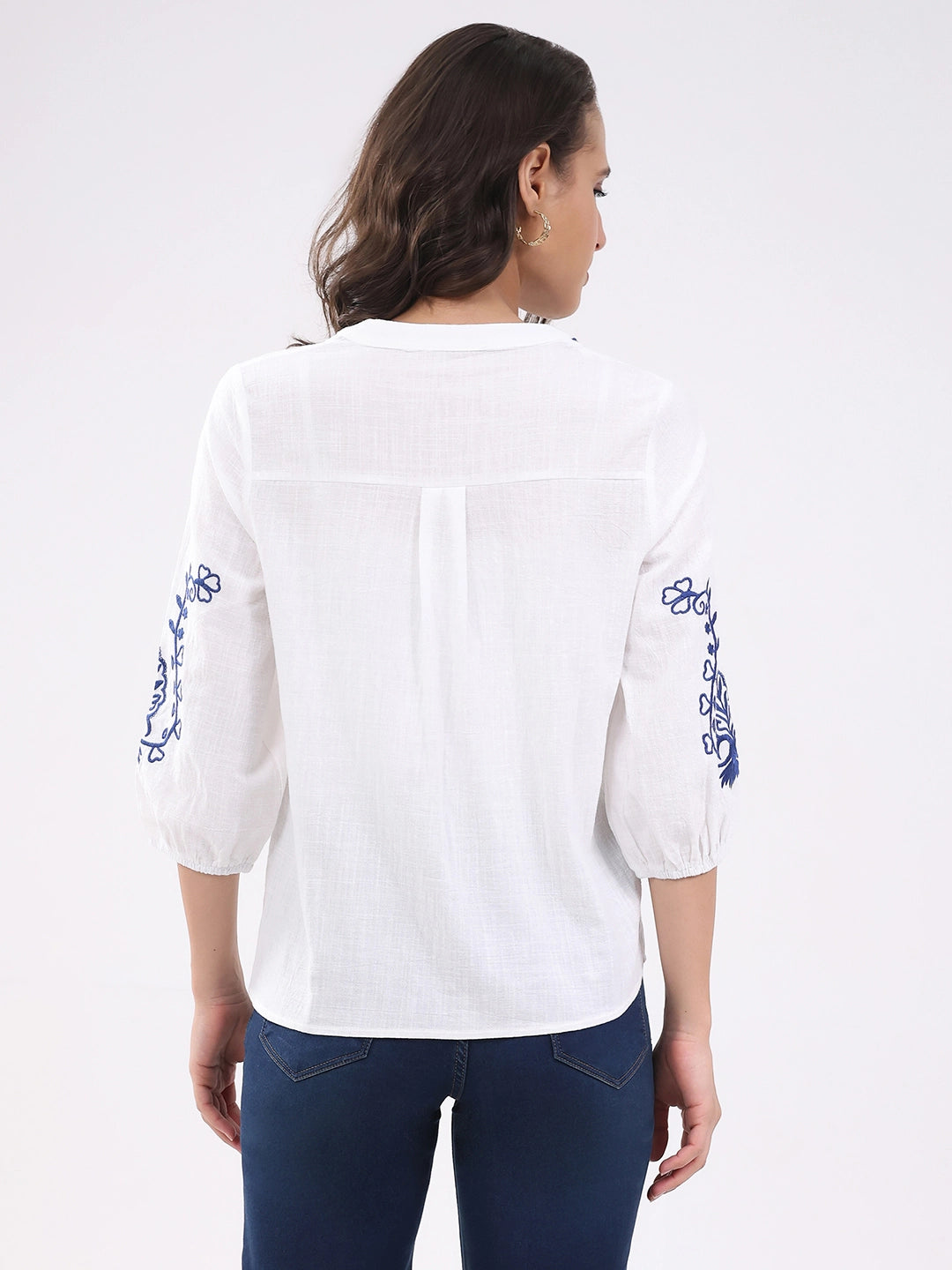 White & Navy Embroidered Shirt - Global Republic