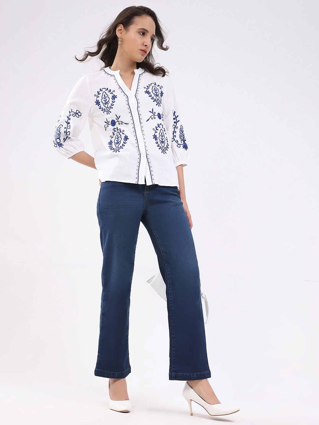 White & Navy Embroidered Shirt - Global Republic