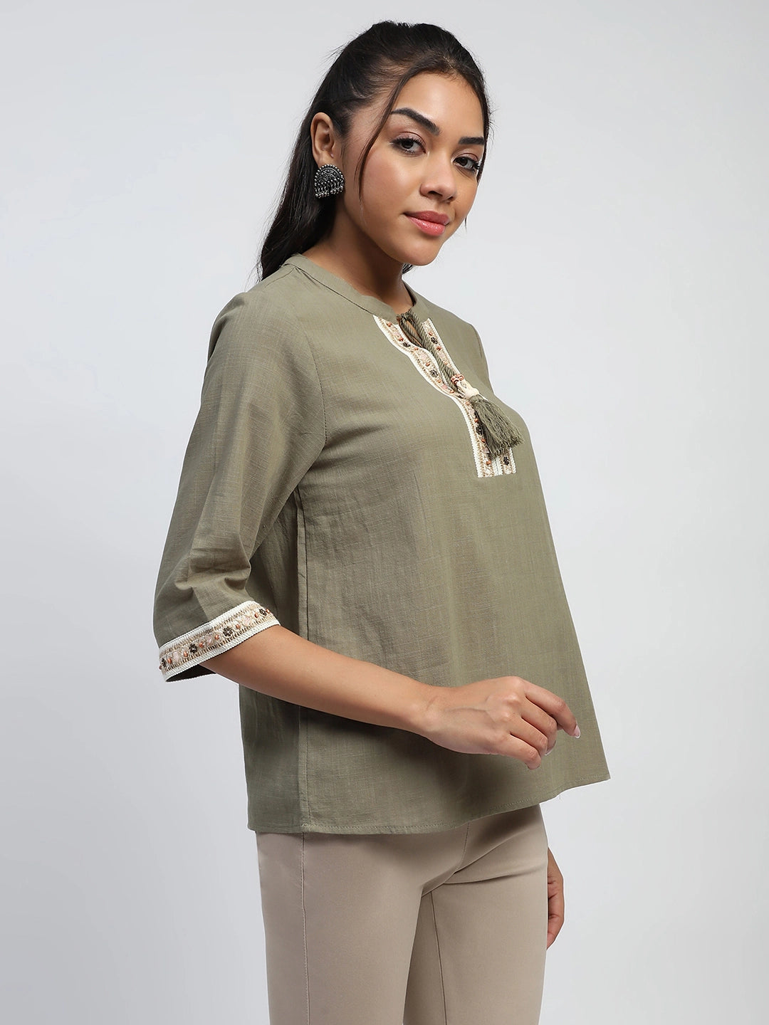 Olive Embroidered Cotton Top - Global Republic