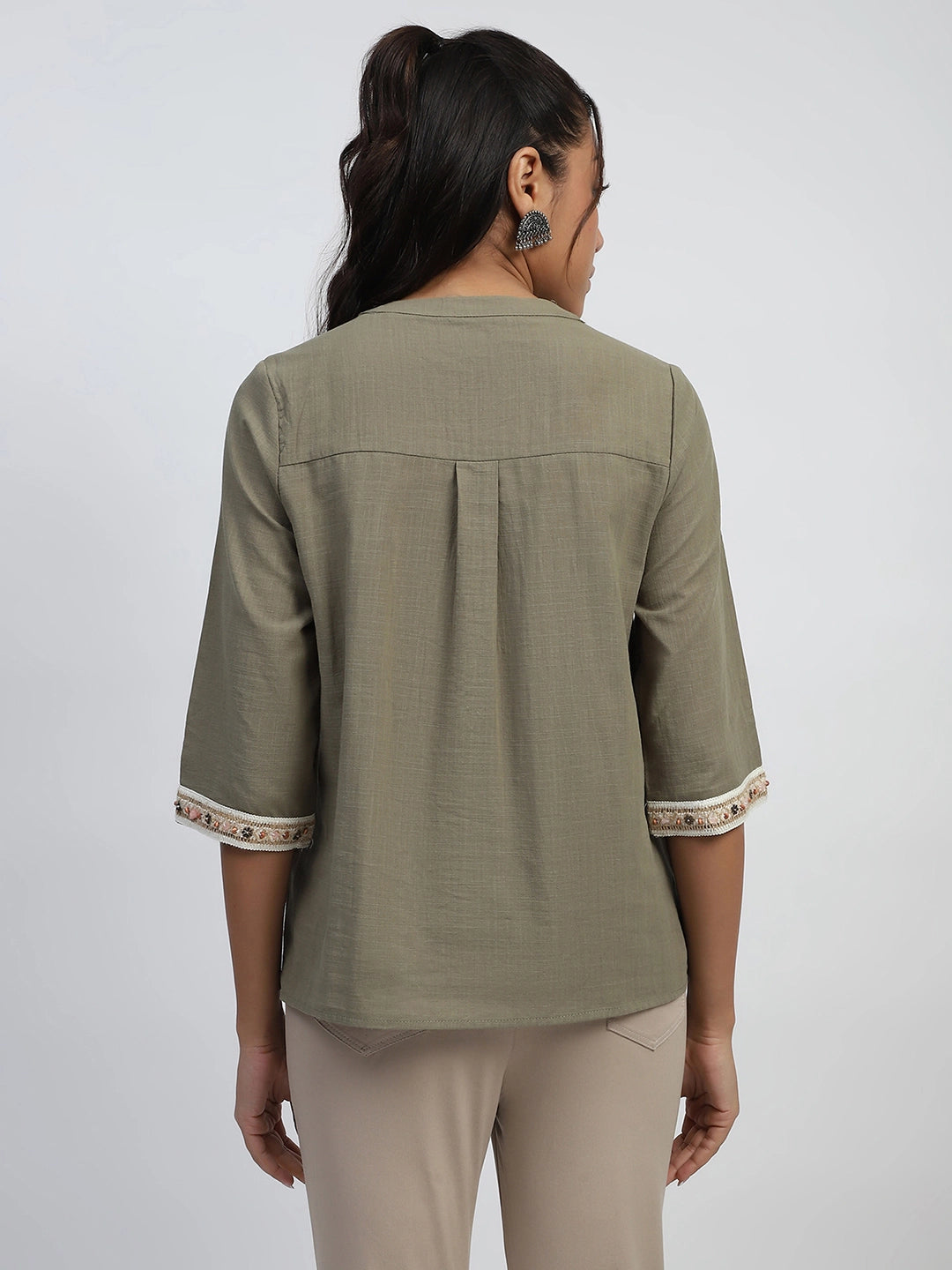 Olive Embroidered Cotton Top - Global Republic