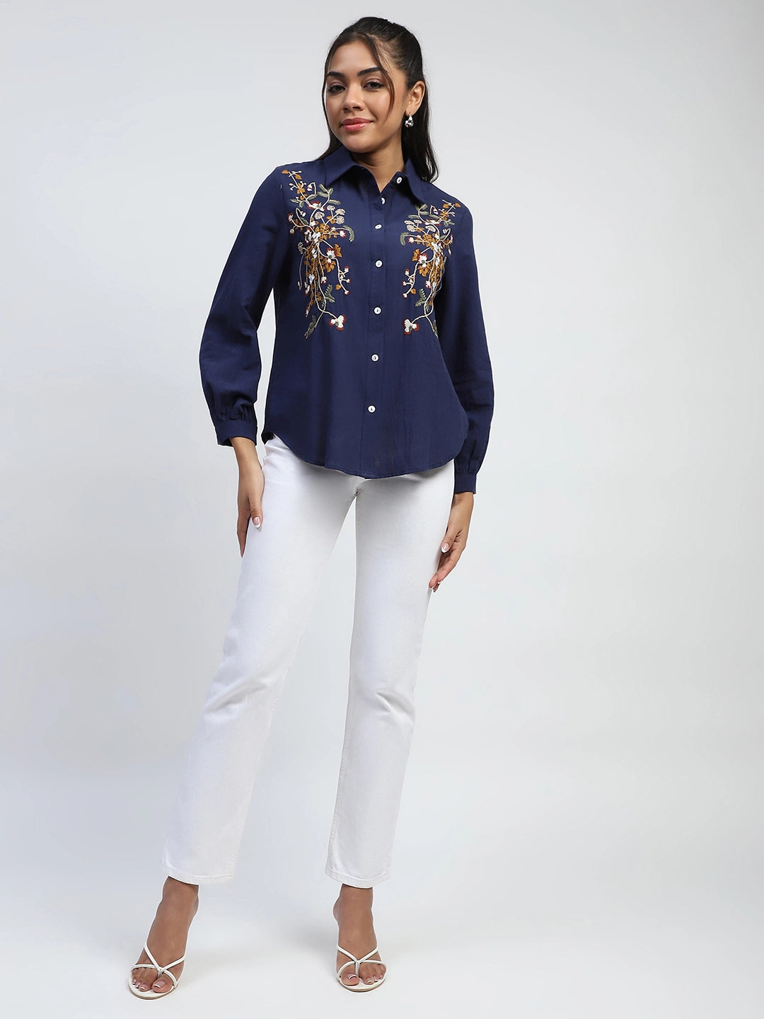 Navy Floral Embroidered Cotton Shirt - Global Republic